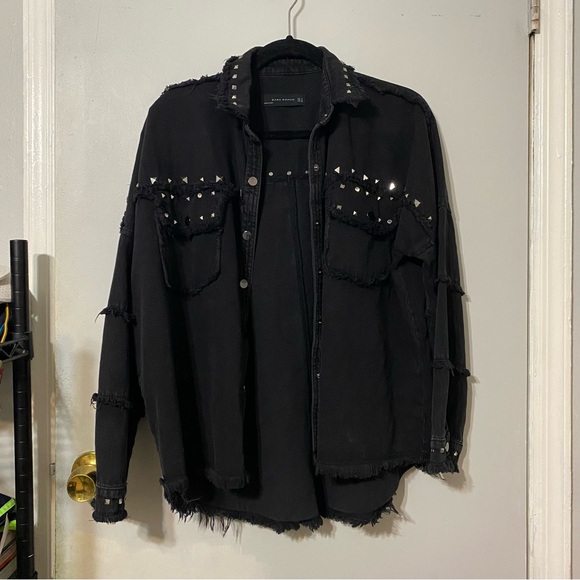 {Zara} Oversized Black Denim Silver Studded Jacket ~ Size Small - Picture 6 of 16